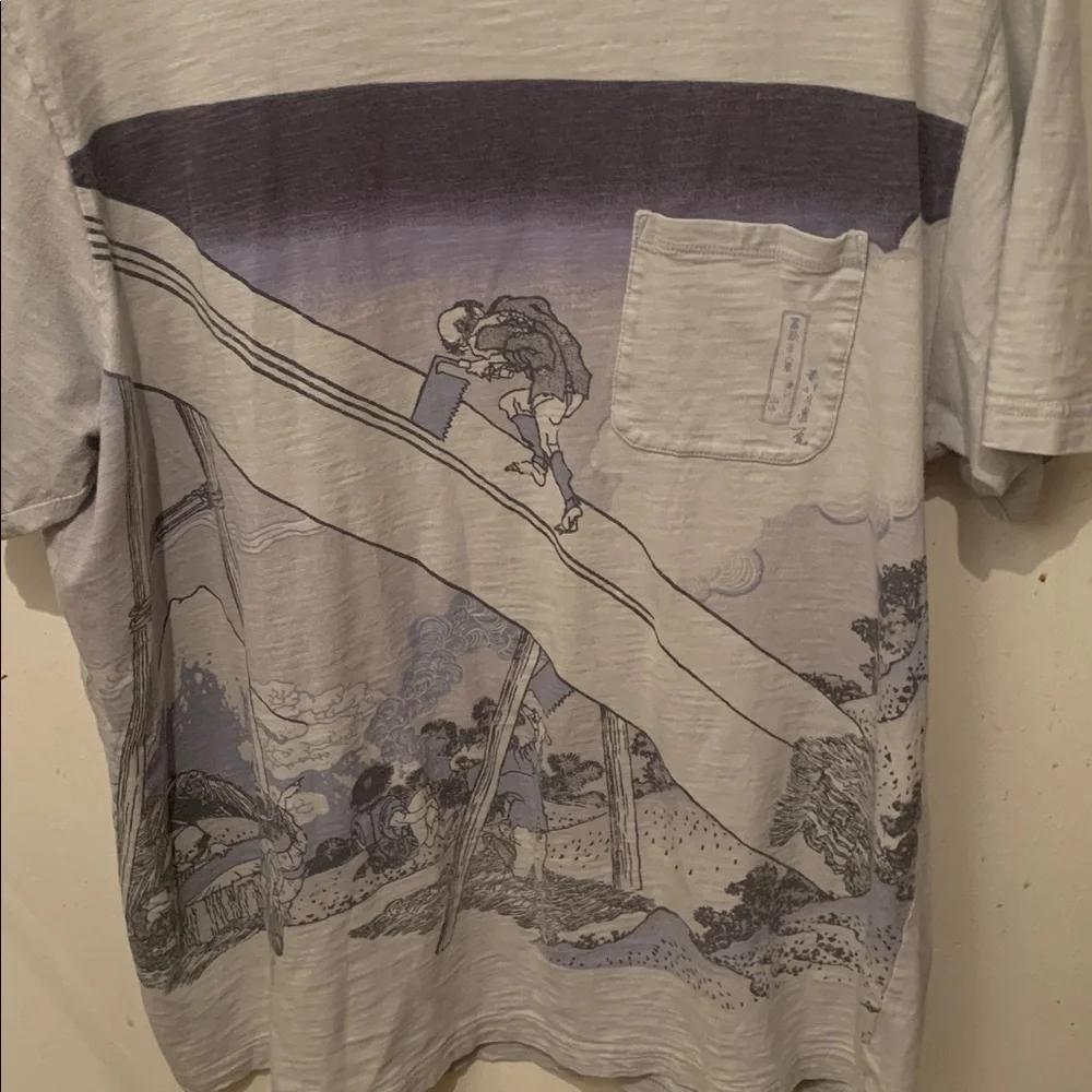 Super Sick Uniqlo Hokusai Blue Cotton Tee W/ Front Pocket SZ XL Bluish Grey - Picture 2 of 4